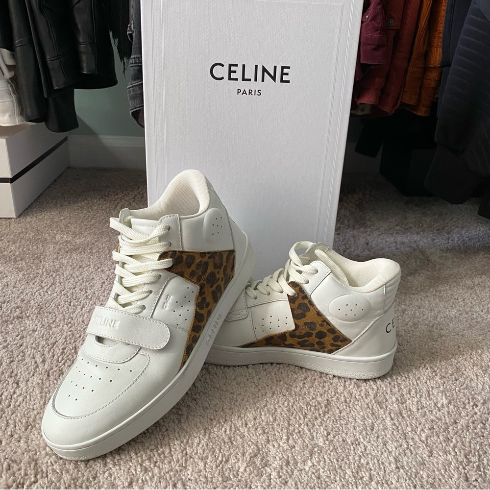 Celine Mid Sneaker Leopard and Optic White